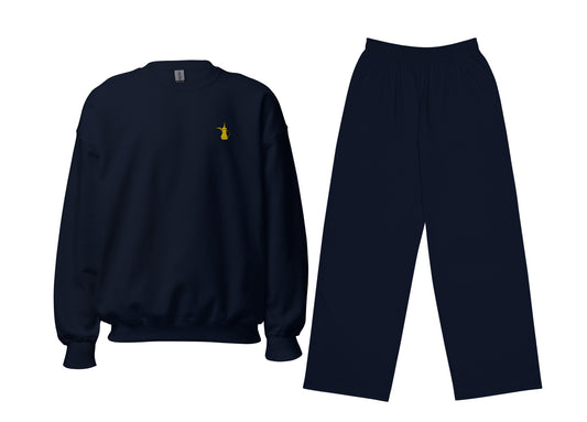 Navy blue sweatshirt and pants set on a white background