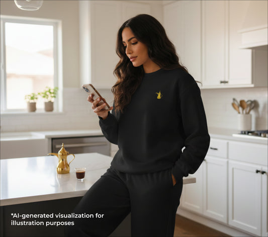 Woman in a kitchen wearing a black sweatshirt and pants with a yellow logo, using a smartphone.