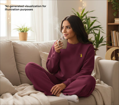 Woman in purple pajamas sitting on a couch holding a mug.