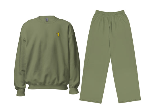 Green sweatshirt and pants set on a white background
