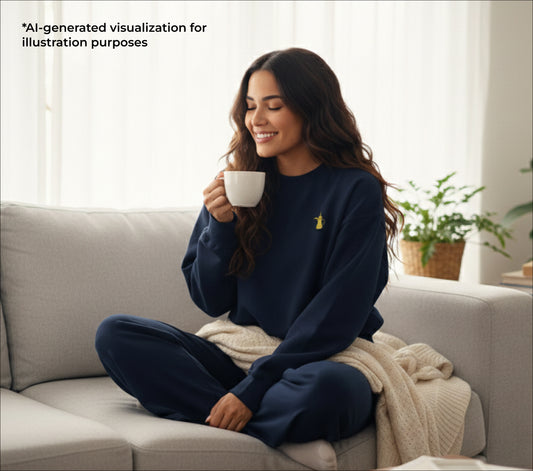 Woman sitting on a couch holding a mug with text.
