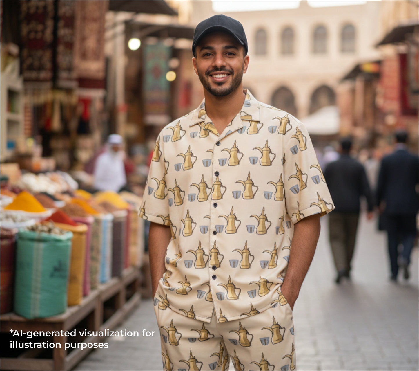 Man wearing a dallat gahwa and finjan patterned shirt in an outdoor market setting