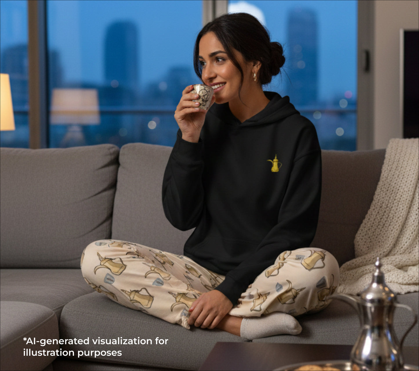 Woman sitting on a couch drinking from a finjan with a cityscape in the background