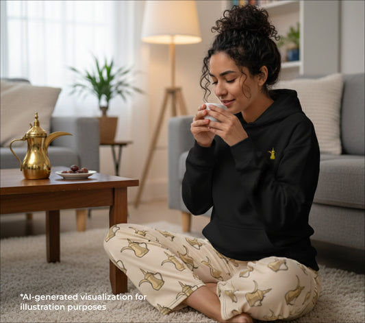 Woman sitting on the floor in a living room, holding a finjan.