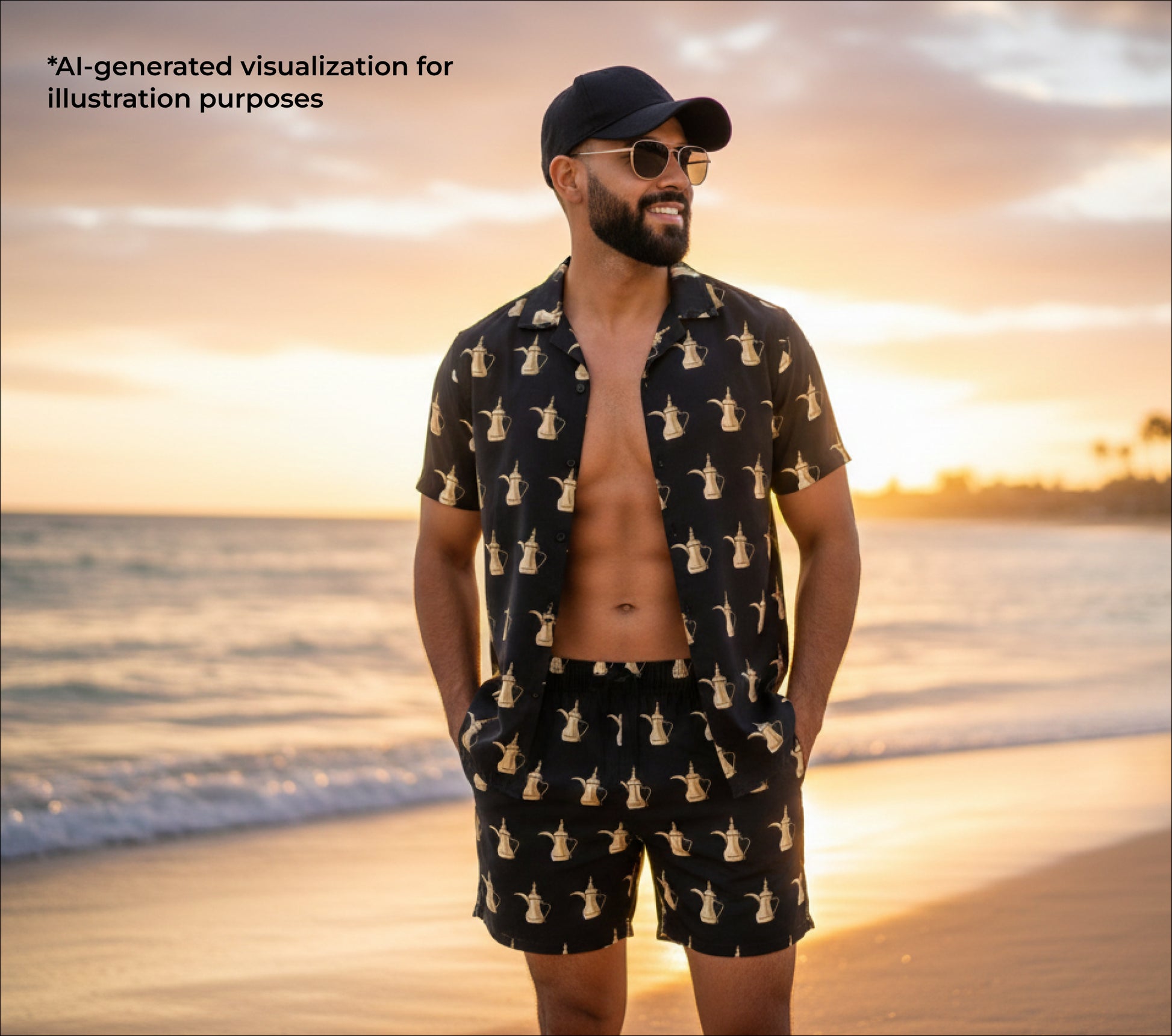 Man wearing a black patterned shirt and shorts on a beach with sunset in the background