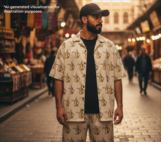 Man wearing a dallat gahwa patterned shirt and pants in an outdoor market setting