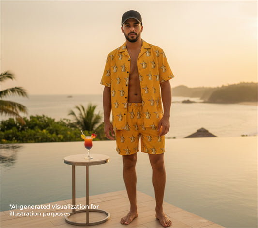 Man in yellow dallat gahwa patterned shirt and shorts standing by a pool
