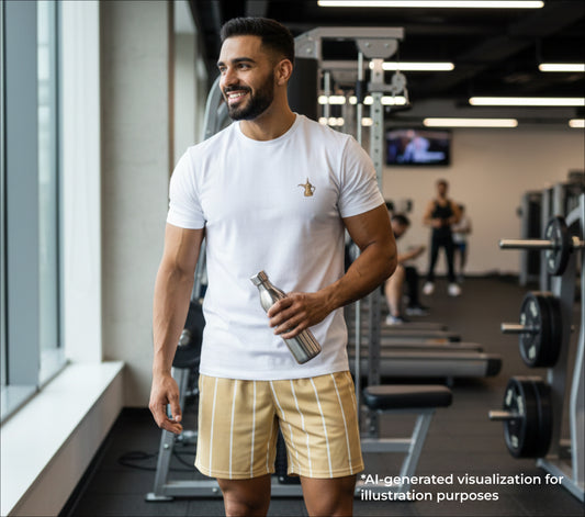Man in a gym holding a water bottle, with fitness equipment in the background