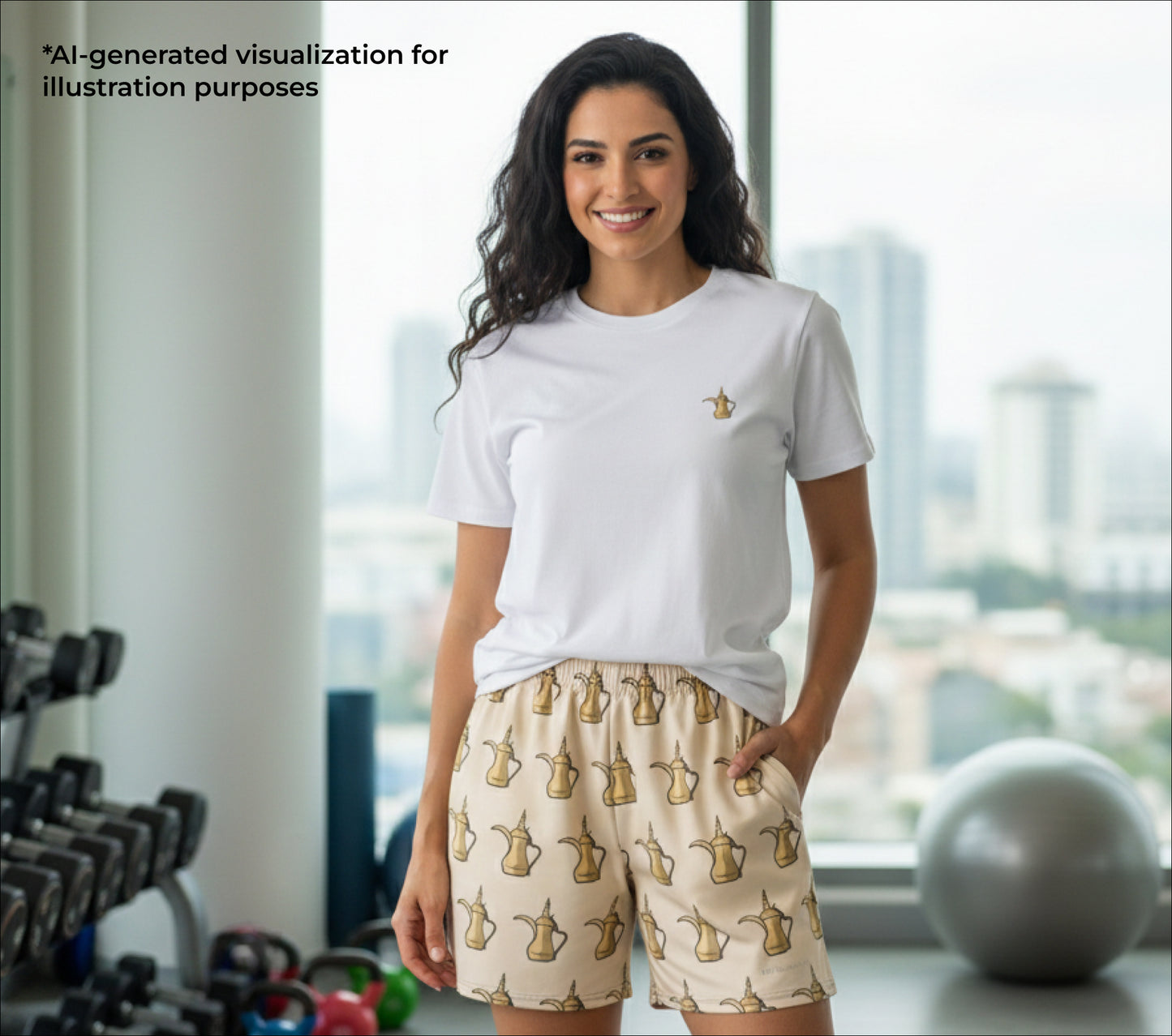Woman wearing a white t-shirt and dallat gahwa patterned shorts in a room with gym equipment.