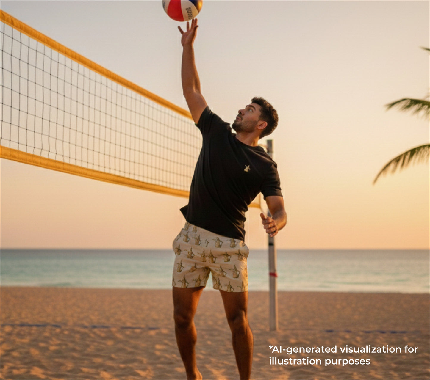 Man playing beach volleyball on a sandy court with ocean and sunset in the background