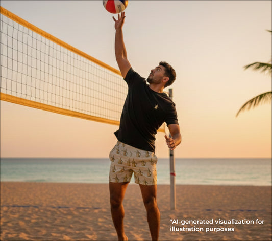 Man playing beach volleyball on a sandy court with ocean and sunset in the background