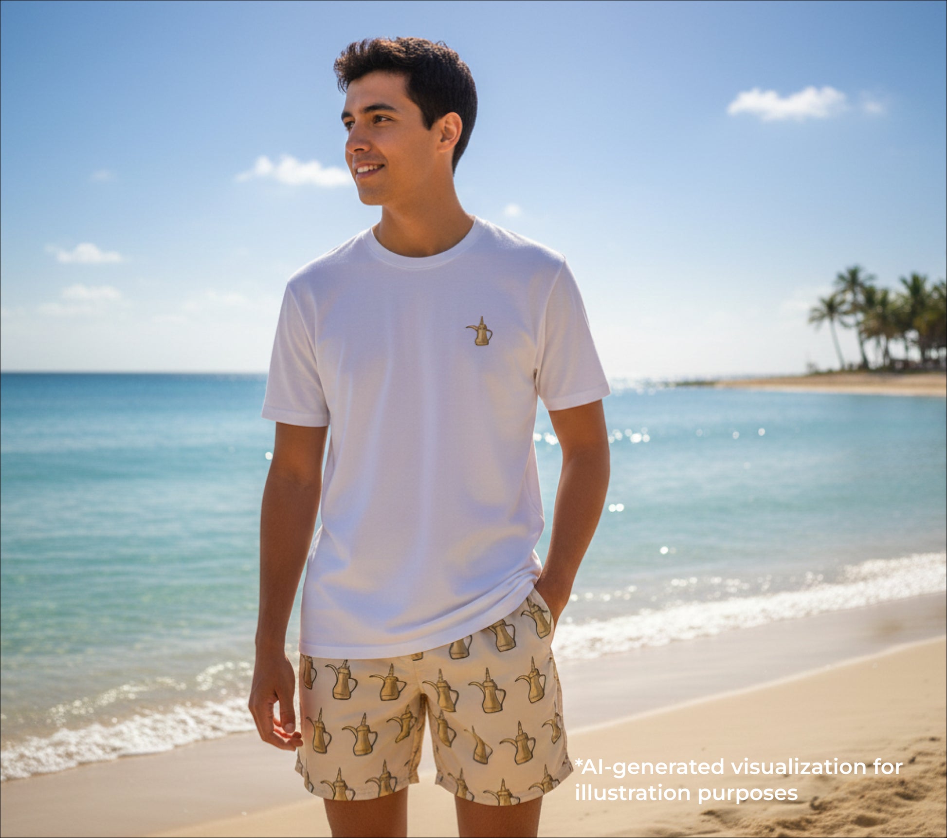 Man standing on a beach wearing a white t-shirt and dallat gahwa patterned shorts with a clear blue sky and ocean in the background.