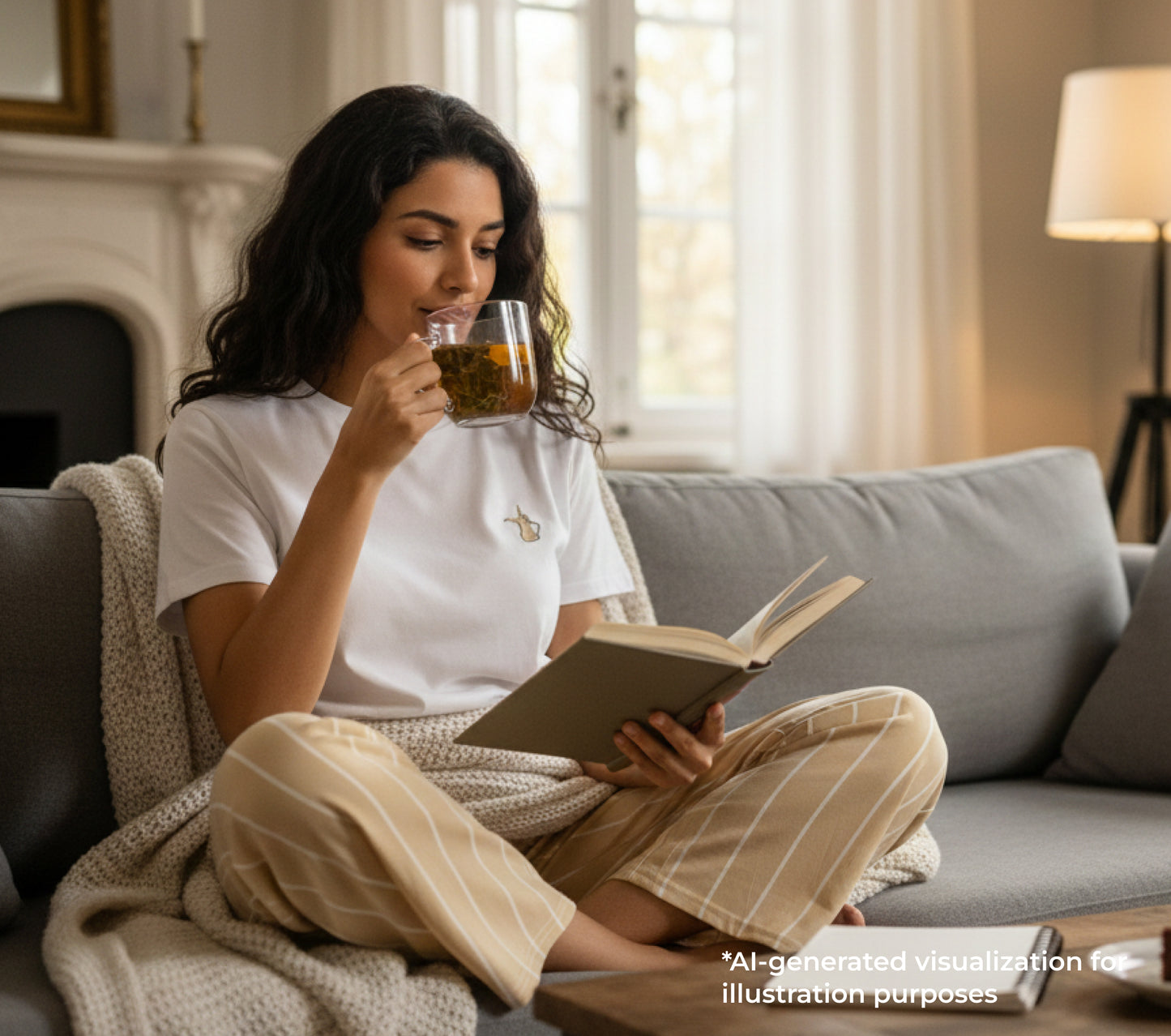 Woman sitting on a couch, reading a book and drinking tea in a cozy living room.
