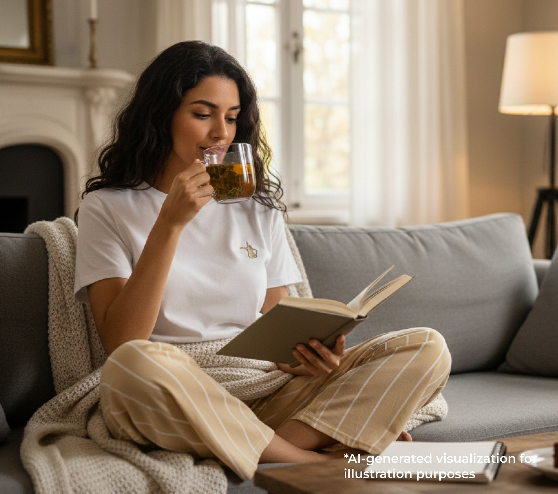 Woman sitting on a couch, reading a book and drinking tea in a cozy living room.