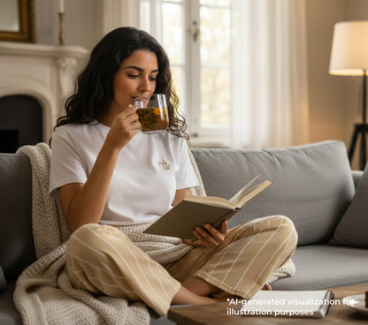 Woman sitting on a couch, reading a book and drinking tea in a cozy living room.