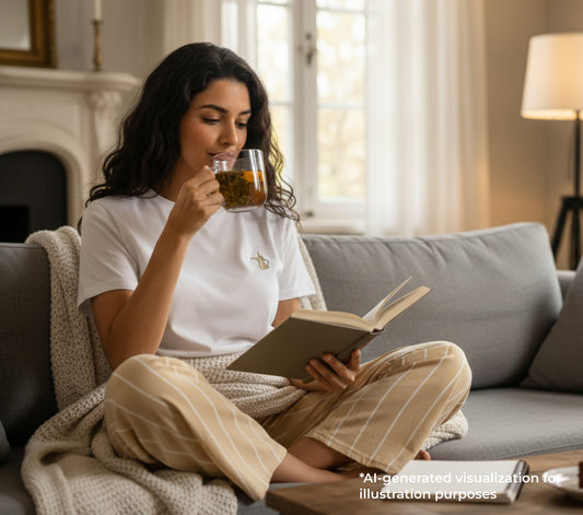 Woman sitting on a couch, reading a book and drinking tea in a cozy living room.
