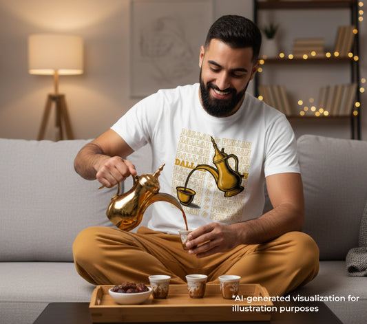 a man sitting on a couch pouring arabic coffee from a dallah into a finjan