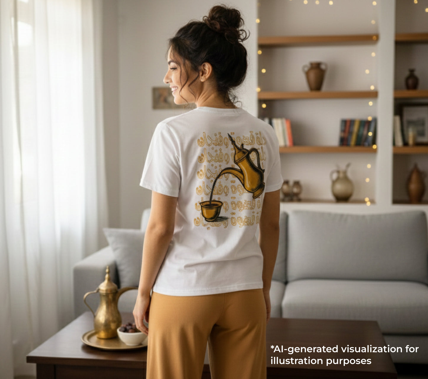 Woman wearing a white t-shirt with a graphic design in a living room setting