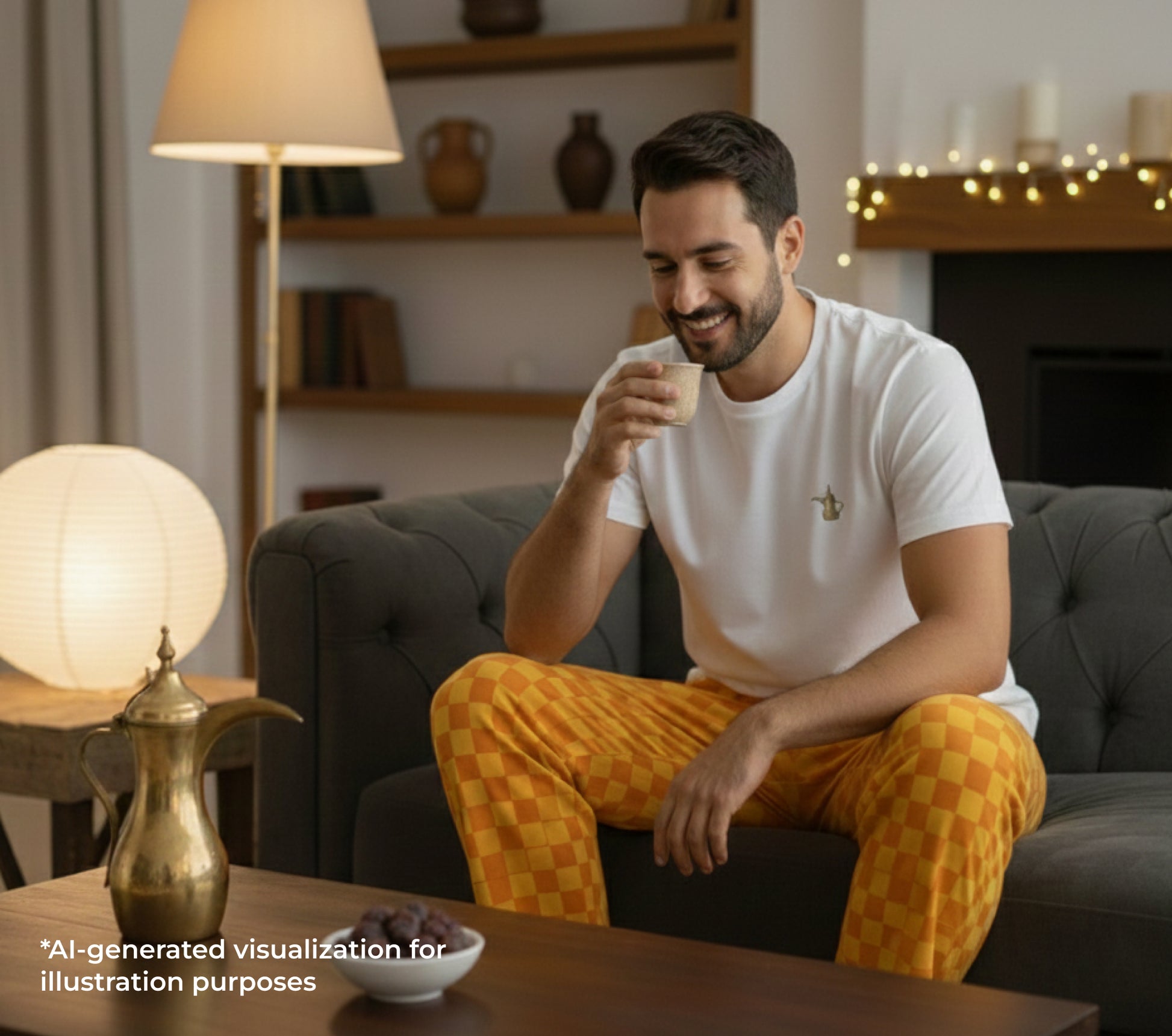 Man sitting on a couch in a cozy living room, drinking arabic coffee.