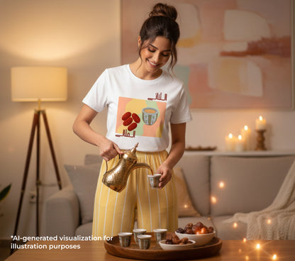 Woman pouring arabic coffee in a cozy living room setting with warm lighting.