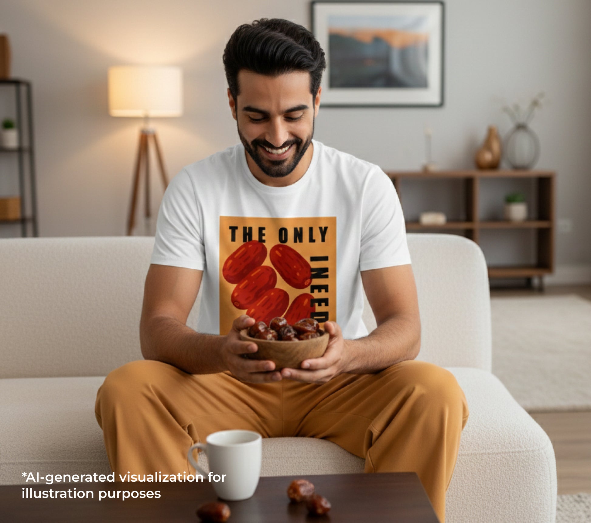 Man sitting on a couch holding a bowl of dates with a t-shirt featuring a graphic design.