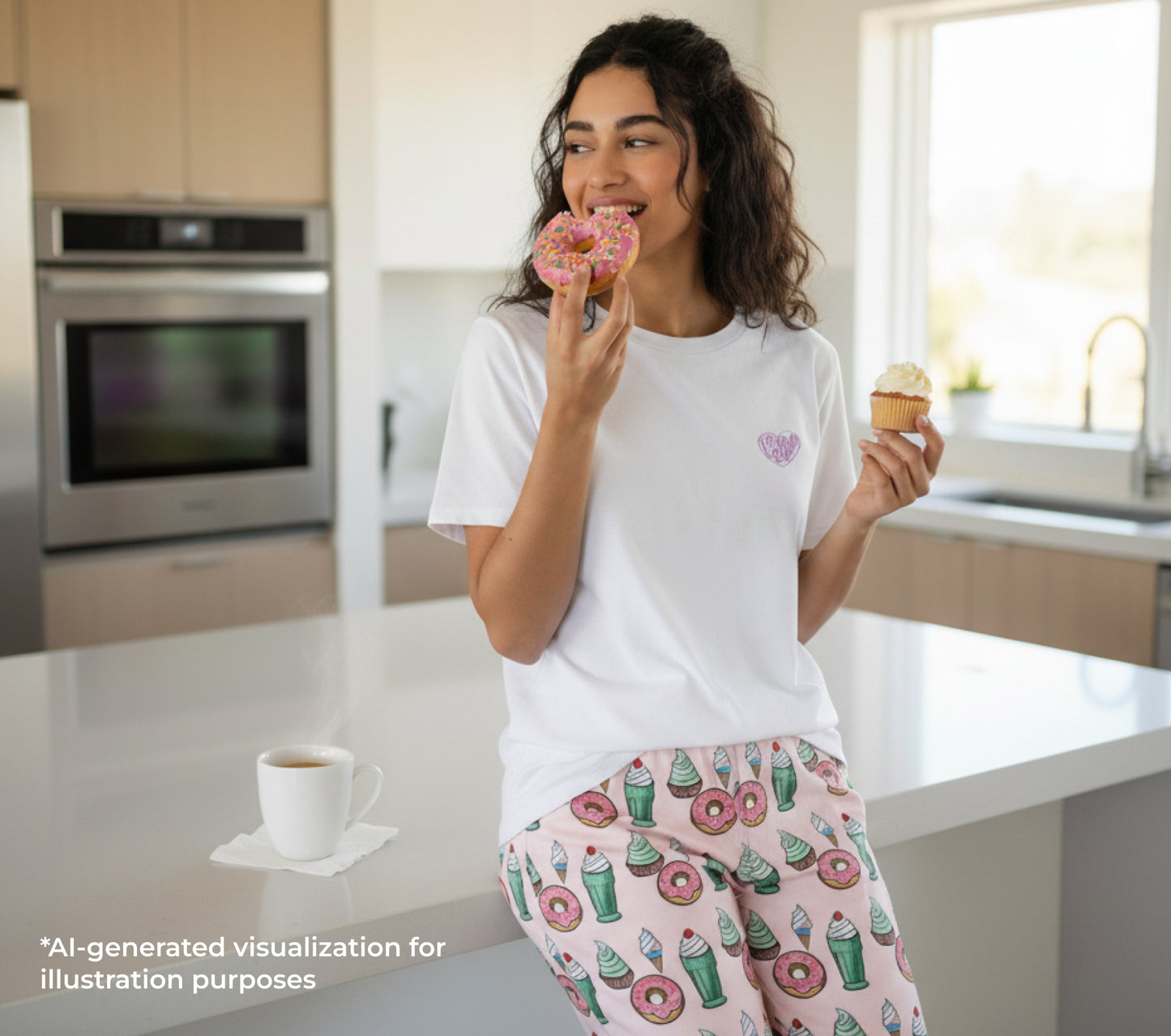 Woman in a kitchen wearing pajama pants with donut and cupcake pattern, holding a donut.