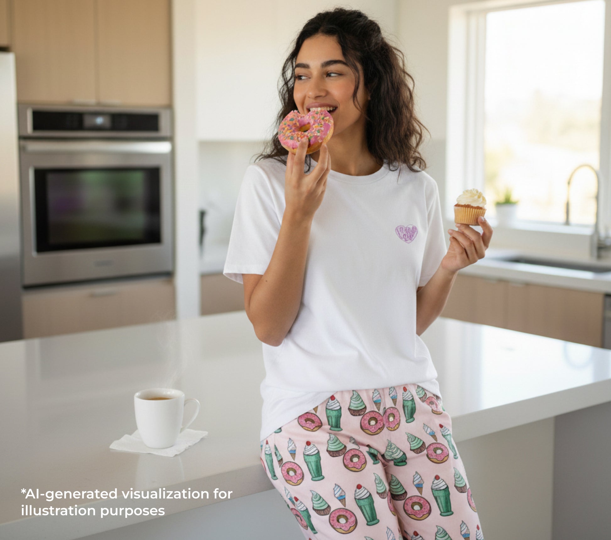 Woman in a kitchen wearing pajama pants with donut and cupcake pattern, holding a donut.