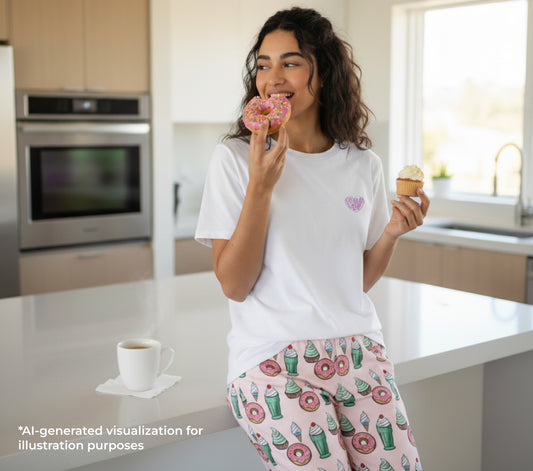 Woman in a kitchen wearing pajama pants with donut and cupcake pattern, holding a donut.