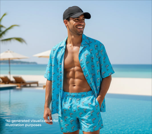 Man wearing a blue dolphin patterned button shirt and shorts by a pool with a beach in the background
