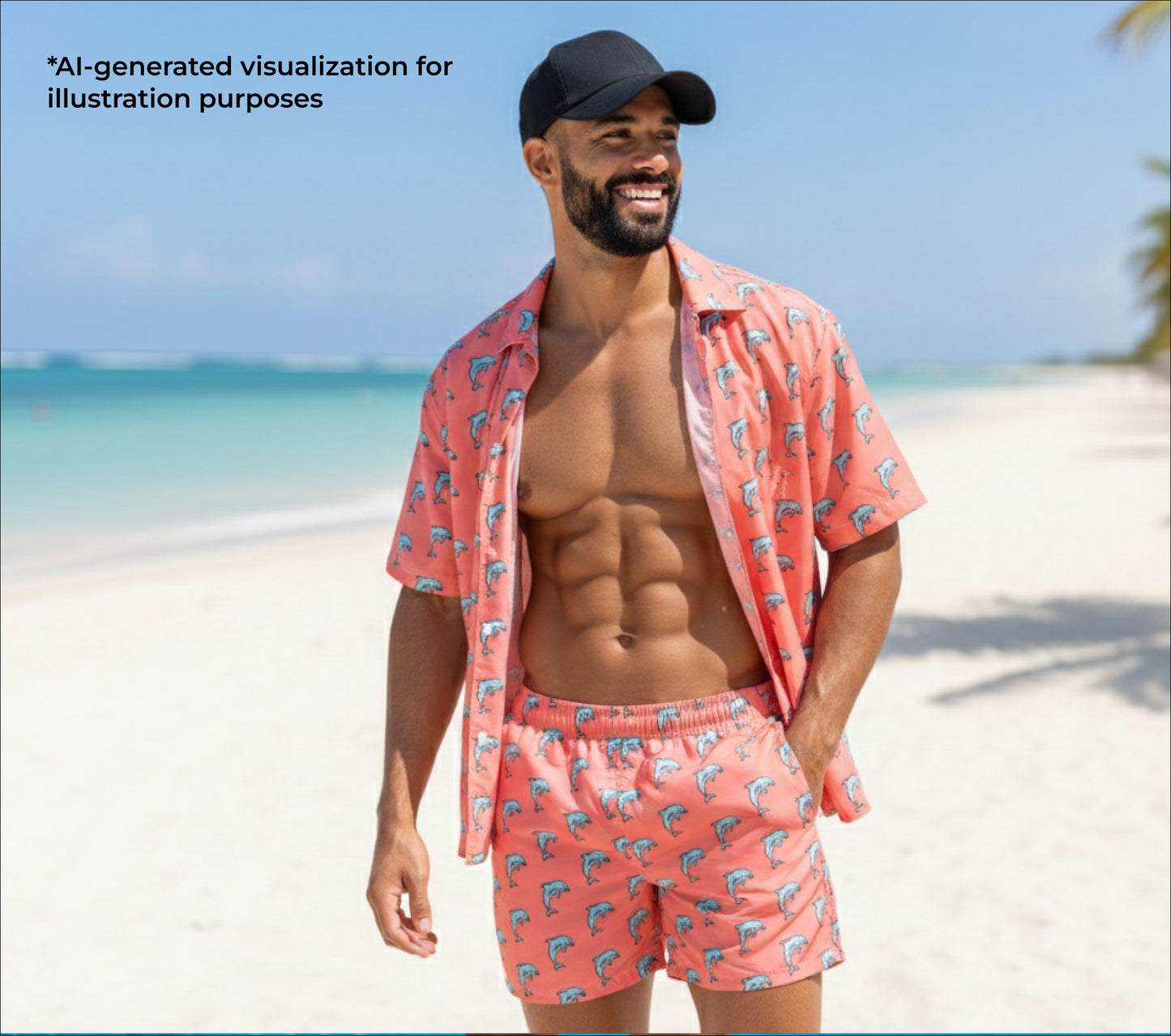 Man wearing a matching pink swim set with a dolphin pattern on a beach.