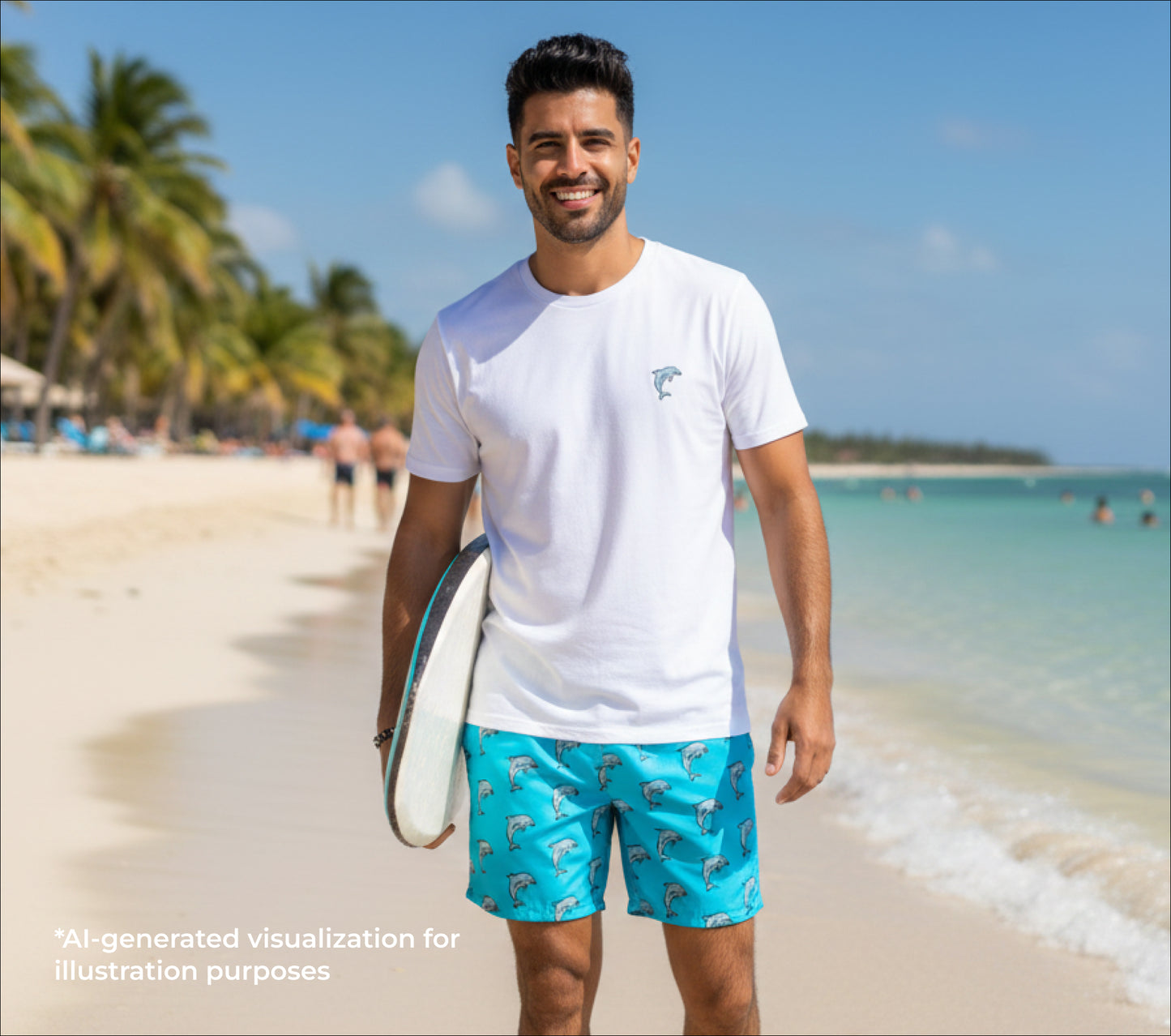 Man in white t-shirt and blue shorts standing on a beach with palm trees and clear water in the background.