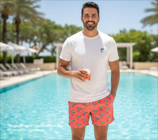 Man in white t-shirt and red swim shorts with dolphin pattern standing by a pool.