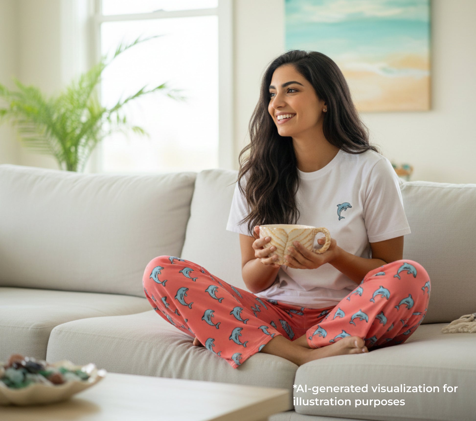 Woman sitting on a couch wearing a white shirt and pink pants with a pattern, holding a mug.