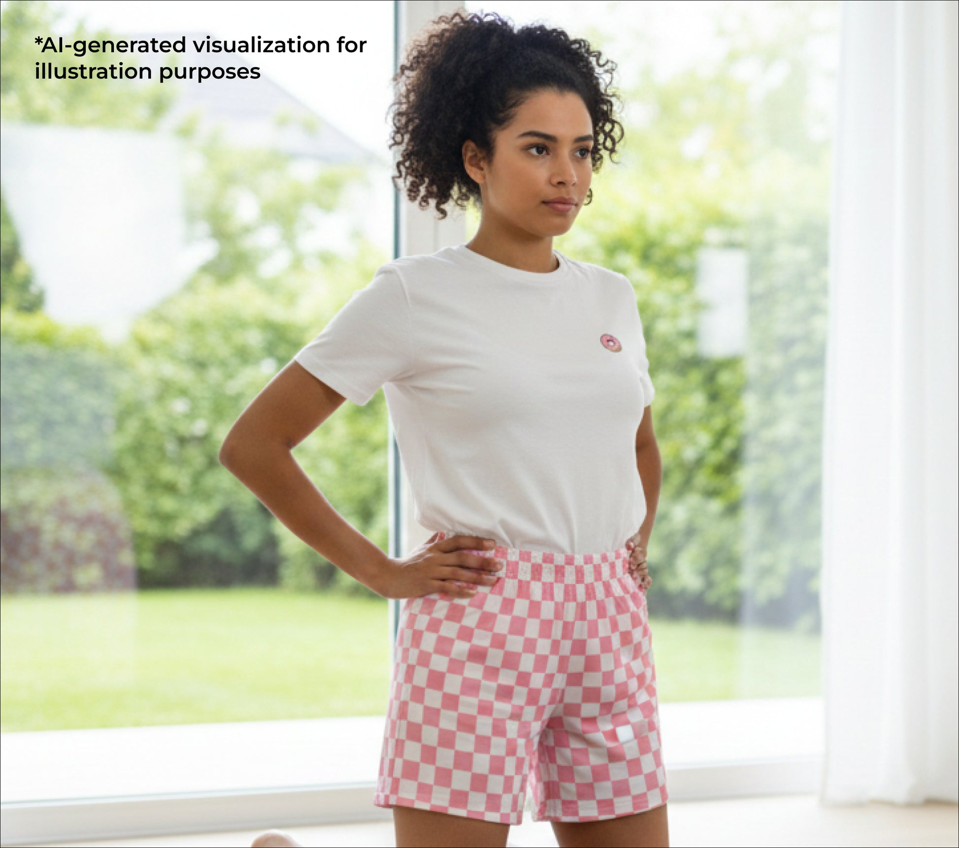 Woman wearing a white t-shirt and pink checkered shorts standing in a bright room with large windows.