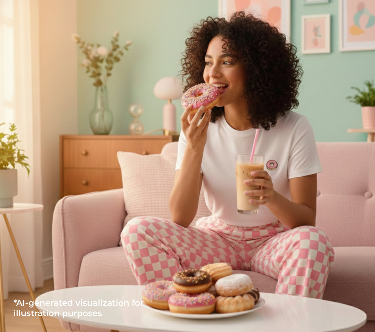 Woman in pajamas eating a donut and drinking a smoothie in a cozy living room.