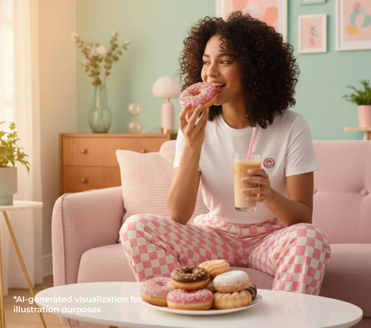 Woman in pajamas eating a donut and drinking a smoothie in a cozy living room.