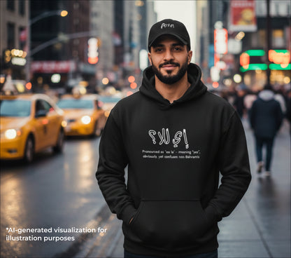 Man wearing a black hoodie with text on a city street