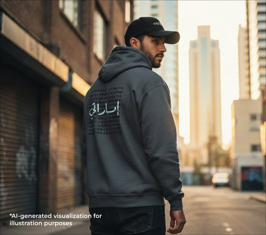 Man wearing a dark hoodie with Emirati written on the back, standing in an urban setting.