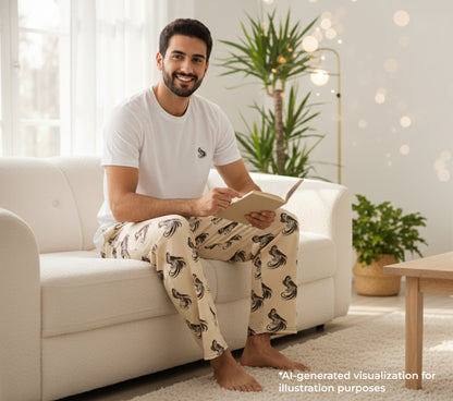 A man sitting on a couch in a living room wearing a white t-shirt with a small falcon print on it and a pair of beige pants with falcon patterned print