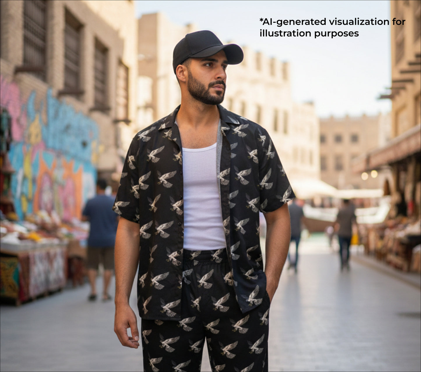 Man wearing a black falcon patterned outfit in an outdoor market setting