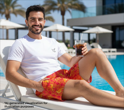 Man sitting by a pool holding a drink.