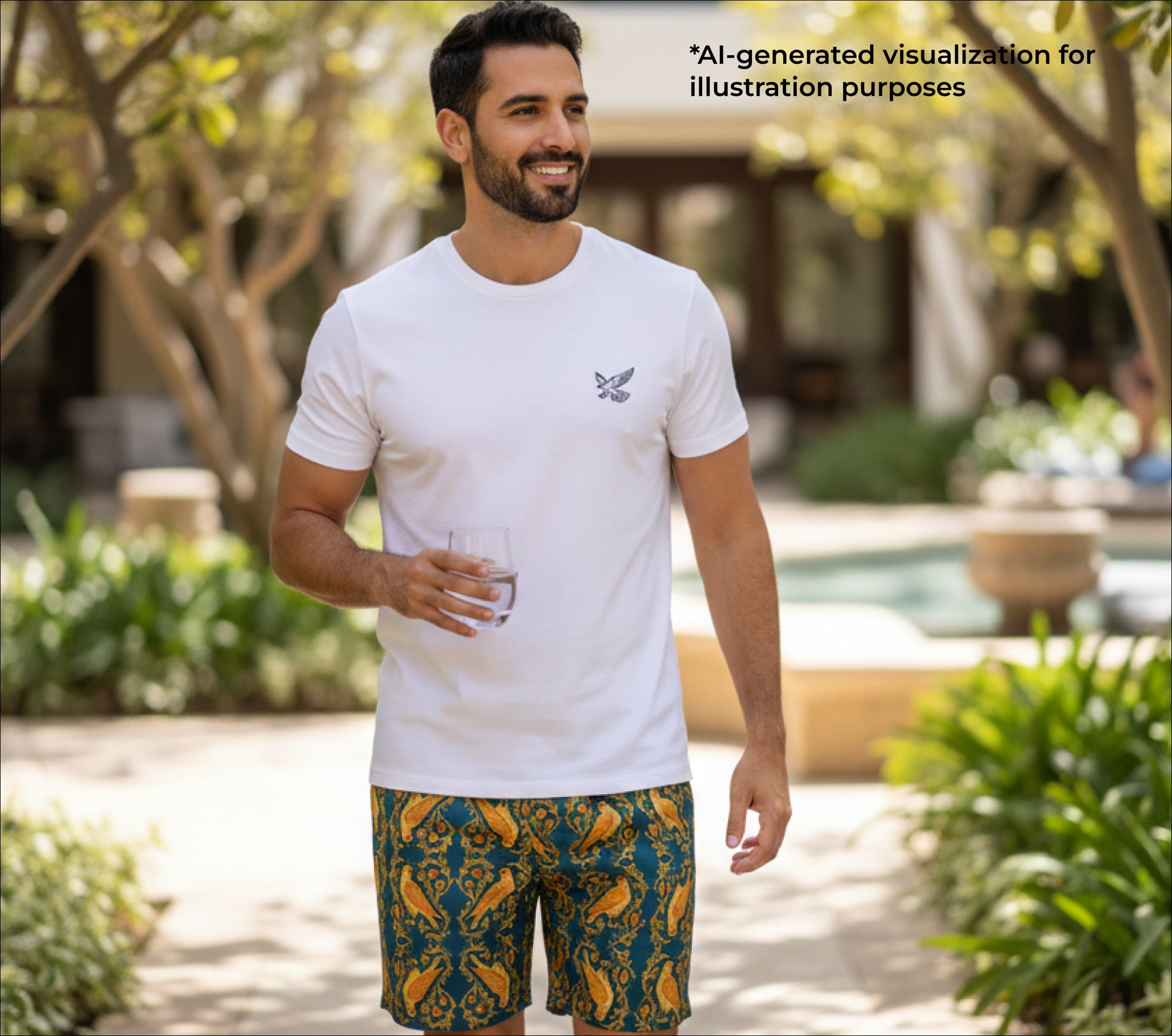 A man wearing a white t-shirt with a small falcon print and swim trunks with a falcon patterned print.