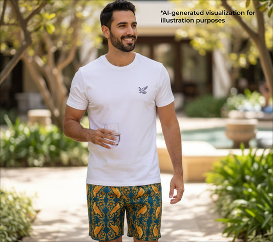 A man wearing a white t-shirt with a small falcon print and swim trunks with a falcon patterned print.