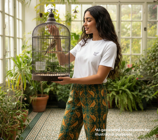 Woman holding a birdcage with plants in the background