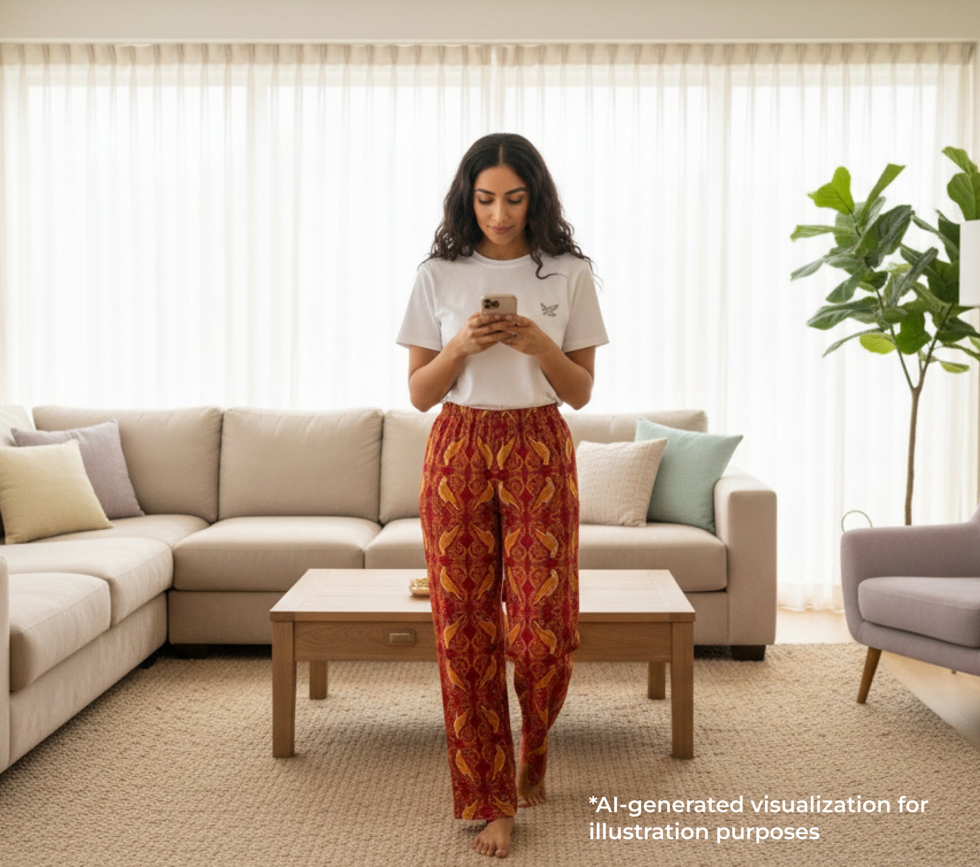 Woman standing in a living room using a smartphone