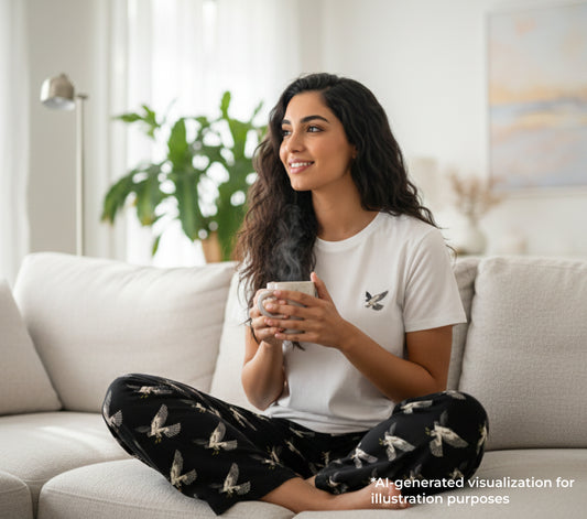 Woman sitting on a couch holding a mug in a cozy living room.