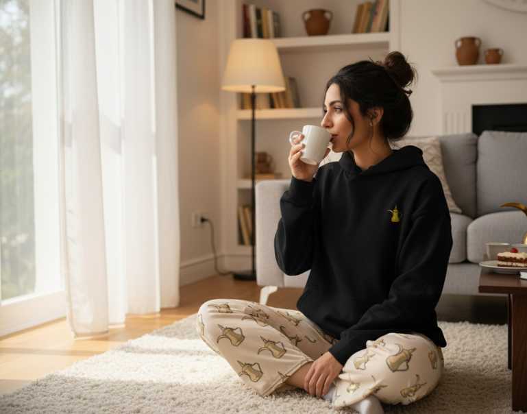 A woman sits cross-legged on a white shag rug in a cozy living room, drinking from a white mug. She is wearing a black hoodie with a small embroidered dallah on the chest and cream-colored pajama pants with a dallah pattern.