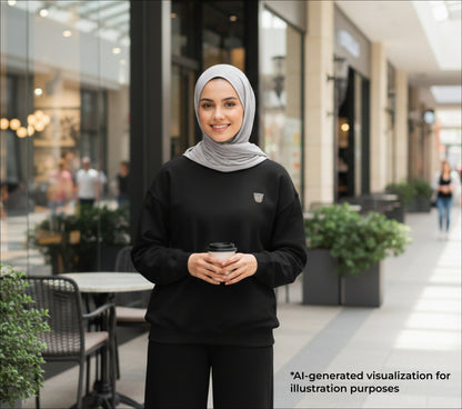 Woman holding a coffee cup in an outdoor shopping area.