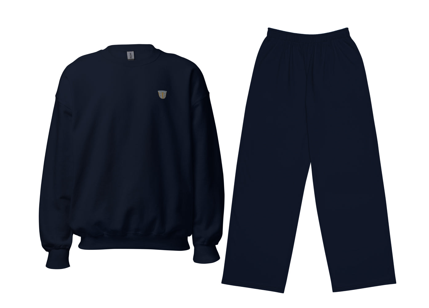 Navy blue sweatshirt and pants set on a white background