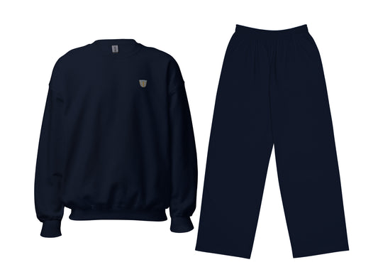 Navy blue sweatshirt and pants set on a white background